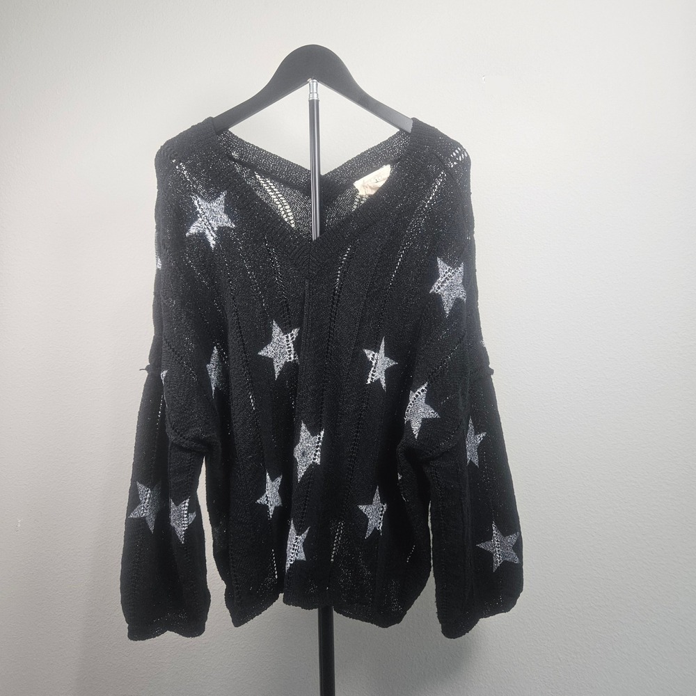 Fantastic Fawn Star Sweater Womens S Black Silver Oversized V-Neck Whimsigoth